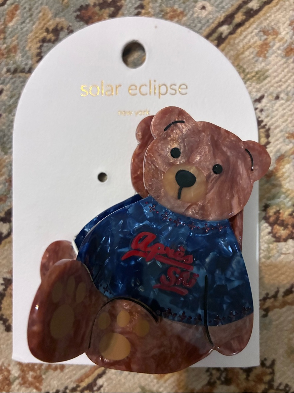 NWT Solar Eclipse Teddy Bear Apres Ski Hair Clip in Brown & Blue